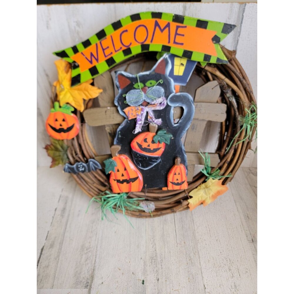 Vintage cat wreath Halloween welcome hanging home decor